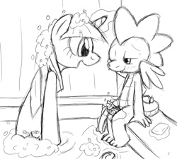 Size: 800x720 | Tagged: explicit, artist:tg-0, spike, twilight sparkle, bath, bathing, bathing together, blushing, casual sex, dragon, female, foalcon, g4, imported from derpibooru, magicjob, male, monochrome, nudity, penis, pony, sex, sex in the water, ship:twispike, shipping, sketch, sponge, straight, unicorn, unicorn twilight, water, wholesome porn