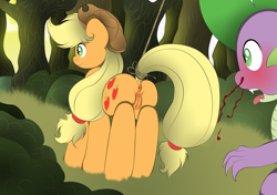 Size: 3497x2461 | Tagged: explicit, artist:v-d-k, applejack, spike, anus, applebucking thighs, applebutt, blood, butt, dragon, female, foalcon, g4, imported from derpibooru, male, nosebleed, nudity, plot, ship:applespike, straight, tail wrap, vagina