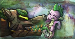 Size: 1280x672 | Tagged: explicit, artist:buttercupsaiyan, spike, bestiality, blowjob, dead source, dendrophilia, dragon, drool, fetish, foalcon, g4, gay, hemipenis, imported from derpibooru, interspecies, licking, male, my little pony: friendship is magic, nudity, oral, penis, season 3, size difference, spike at your service, timber wolf, tongue out, wingless spike
