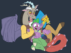 Size: 1344x1000 | Tagged: explicit, artist:cobaltsynapse, spike, abdominal bulge, anal, balls, blushing, canine penis, chocolate milk, discord, dragon, duo, foalcon, g4, gay, imported from derpibooru, knot, male, nudity, penetration, penis, self penetration, ship:dispike, shipping, tail penetration