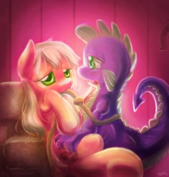 Size: 1280x1344 | Tagged: explicit, artist:surgicalarts, applejack, spike, comic:applejack season, age difference, barn, dragon, duo, duo male and female, earth pony, female, foalcon, g4, hay bale, imported from derpibooru, loose hair, male, nudity, pony, sex, ship:applespike, straight, wingless spike