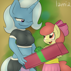 Size: 800x800 | Tagged: explicit, artist:lamia, apple bloom, anthro, breasts, clothes, dick in a box, earth pony, female, foalcon, futa, futa trixie, g4, imported from derpibooru, imported from twibooru, intersex, lolicon, nudity, penis, present, trixie, trixiebloom, underage