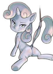 Size: 504x696 | Tagged: explicit, artist:conoghi, sweetie belle, bondage, female, foal, foalcon, g4, imported from derpibooru, nudity, pixiv, pony, rope, simple background, solo, solo female, spread legs, vagina