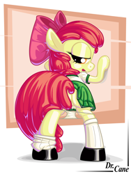 Size: 1200x1600 | Tagged: explicit, artist:dr. cane, apple bloom, against wall, bedroom eyes, butt, clothes, earth pony, female, foalcon, g4, imported from derpibooru, nudity, panties, panties around legs, panties pulled down, plot, pony, presenting, shoes, skirt, socks, solo, solo female, underwear, vulva, white underwear