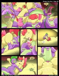 Size: 1165x1500 | Tagged: explicit, artist:kitsuneyoukai, apple bloom, spike, comic:dragon you over, 69 position, blowjob, comic, crotchboobs, cum, cumming, cunnilingus, dragon, female, foalcon, g4, imported from derpibooru, knot, male, nipples, nudity, oral, penis, sex, ship:spikebloom, straight, swallowing, teats, vagina, vaginal secretions