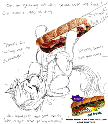 Size: 787x900 | Tagged: explicit, artist:idlecum, scootaloo, censored, female, foalcon, food, g4, imported from derpibooru, male, not porn, sandwich, sandwich censorship, scootabuse, straight, subway