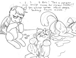 Size: 767x590 | Tagged: explicit, artist:idlecum, apple bloom, scootaloo, sweetie belle, alternate version, bits, cum, cutie mark crusaders, earth pony, female, foalcon, g4, horn, imported from derpibooru, monochrome, nudity, pegasus, pony, prostitution, unicorn