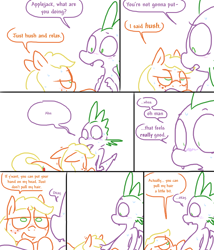 Size: 744x870 | Tagged: questionable, artist:weaver, applejack, spike, comic:applejack season, blowjob, comic, dragon, earth pony, estrus, female, foalcon, g4, imported from derpibooru, interspecies, male, nudity, oral, pony, sex, ship:applespike, shipping, simple background, softcore, straight, weaver you magnificent bastard, white background
