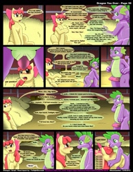 Size: 1165x1500 | Tagged: explicit, artist:kitsuneyoukai, apple bloom, spike, comic:dragon you over, blushing, comic, dragon, female, foalcon, g4, imported from derpibooru, knot, male, nudity, penis, ship:spikebloom, shipping, straight