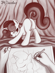 Size: 600x800 | Tagged: explicit, artist:rainbow, sweetie belle, ass up, bedroom eyes, butt, drawing, face down ass up, female, foalcon, g4, human, imported from derpibooru, looking back, monochrome, nudity, offscreen character, plot, presenting, raised tail, russian, vulva