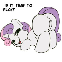 Size: 945x945 | Tagged: explicit, artist:megasweet, sweetie belle, butt, female, foalcon, g4, imported from derpibooru, nudity, plot, pony, presenting, simple background, solo, solo female, vagina
