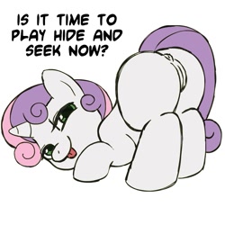 Size: 945x945 | Tagged: explicit, artist:megasweet, artist:rarehunter, sweetie belle, anus, butt, female, foalcon, g4, imported from derpibooru, looking at you, nudity, plot, pony, presenting, simple background, solo, solo female, tongue out, unicorn, vulva