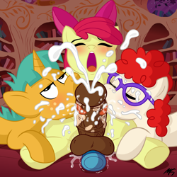 Size: 3150x3150 | Tagged: explicit, artist:megasweet, apple bloom, balls, blowjob, blushing, cum, cum on glasses, cumming, double blowjob, facial, foalcon, futa, futa apple bloom, futa on male, g4, glasses, group sex, imported from derpibooru, intersex, male, multiple blowjob, nudity, oral, penis, presenting, presenting penis, sex, sex toy, ship:snailbloom, ship:snailstwist, ship:twistbloom, snails, threesome, twist, vaginal secretions, vibrator