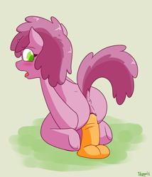 Size: 1060x1237 | Tagged: explicit, artist:php199, anatomically incorrect, dildo, earth pony, female, filly, foal, foalcon, g4, imported from derpibooru, incorrect leg anatomy, nudity, pony, ruby pinch, sex toy, solo, solo female, vagina