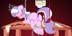 Size: 3329x1661 | Tagged: explicit, artist:v-d-k, diamond tiara, anal insertion, anus, artificial insemination, ballgag, blushing, bondage, butt, chains, clothes, collar, creampie, cum, cum enema, diamondsub tiara, dock, earth pony, enema, eyes closed, female, femsub, filly, floppy ears, foal, foalcon, g4, gag, gloves, hooves, implied straight, imported from derpibooru, insertion, latex, latex gloves, lip bite, needle, nudity, plot, ponut, pony, shackles, solo, solo female, submissive, syringe, underhoof, vagina, vulva