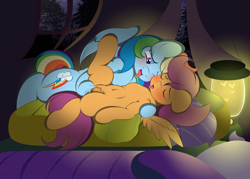 Size: 3496x2502 | Tagged: explicit, artist:v-d-k, rainbow dash, scootaloo, belly button, blushing, drool, drool string, eyes closed, female, filly, foal, foalcon, g4, hoofing, imported from derpibooru, lesbian, mare, mare on filly, nudity, orgasm, pegasus, pony, ship:scootadash, shipping, sleeping, somnophilia, squirting, tent, tongue out, vaginal hoofing, vaginal orgasm, vaginal secretions, vulva