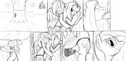 Size: 1400x680 | Tagged: explicit, artist:tg-0, fluttershy, rainbow dash, spike, blowjob, comic, cum, dragon, female, foalcon, foursome, g4, glory hole, group sex, imported from derpibooru, lesbian, monochrome, nudity, oral, penis, sex, sex toy, ship:flutterdash, ship:flutterspike, shipping, strapon, surprise sex, surprised, threesome