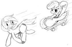 Size: 1000x650 | Tagged: explicit, artist:tg-0, scootaloo, anus, arm hooves, bedroom eyes, bottomless, breasts, butt, chase, chestbreasts, clothes, flexible, foalcon, frontbend, funny porn, g4, grin, high speed reverse rape, horsecock, imminent rape, imported from derpibooru, looking back, misplaced boobs, monochrome, nudity, on back, open mouth, penis, pipsqueak, plot, pony, running, scooter, semi-anthro, smiling, sports bra, vulva, wat, wide eyes