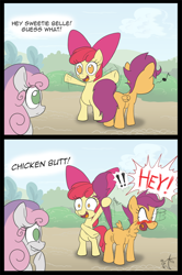 Size: 680x1022 | Tagged: questionable, artist:melancholy, apple bloom, scootaloo, sweetie belle, angry, anus, assisted exposure, blushing, chicken butt, comic, cutie mark crusaders, dialogue, earth pony, edit, female, filly, foal, foalcon, g4, genitals, imported from derpibooru, lip bite, music notes, nudity, pegasus, pony, raised tail, scootabutt, scootachicken, simplistic anus, simplistic vulva, tail, tail pull, unicorn, vulva