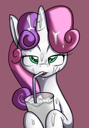 Size: 1280x1840 | Tagged: explicit, artist:grispinne, sweetie belle, bedroom, bedroom eyes, bukkake, colored pupils, cum, cum drinking, cum feeding, cum in container, cum on body, cum on hair, cum on hooves, cum on horn, dead source, drink, drinking, facial, female, filly, foal, foalcon, foodplay, g4, horn, implied straight, imported from derpibooru, looking at you, messy, milk, milkshake, not milk, pink background, pony, simple background, slutty-belle, solo, solo female, unicorn