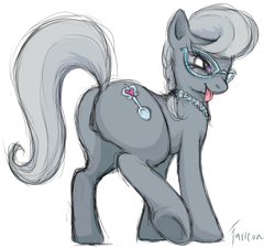 Size: 586x528 | Tagged: explicit, artist:furreon, silver spoon, anus, butt, earth pony, female, foalcon, g4, glasses, imported from derpibooru, nudity, plot, pony, silverbutt, simple background, solo, solo female, underhoof, vulva