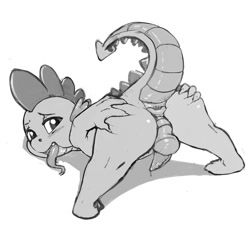 Size: 900x900 | Tagged: explicit, artist:kevinsano, spike, anus, ass, ass up, balls, blushing, butt, dragon, dragonbutt, face down ass up, foalcon, g4, girly, grayscale, imported from derpibooru, looking at you, looking back, looking back at you, male, monochrome, nudity, penis, presenting, simple background, solo, solo male, spread anus, spreading, taint, tongue out, white background, wide stance