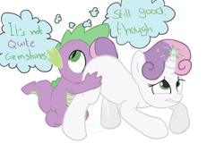 Size: 841x601 | Tagged: explicit, spike, sweetie belle, ass up, blank flank, cunnilingus, dragon, face down ass up, female, filly, foal, foalcon, g4, hand on butt, horn, hornboner, horngasm, imported from derpibooru, lip bite, looking up, male, nudity, oral, pony, raised tail, sex, ship:spikebelle, simple background, sparkles, straight, tail, thinking, thought bubble, unicorn, white background