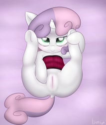 Size: 1150x1350 | Tagged: explicit, artist:lamia, sweetie belle, anus, armpits, blushing, clothes, corset, female, foalcon, g4, human vulva on pony, imported from derpibooru, nudity, on back, pony, presenting, vulva