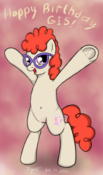 Size: 652x1106 | Tagged: explicit, artist:xyi, belly button, earth pony, female, foalcon, g4, glasses, happy, imported from derpibooru, nudity, pony, solo, solo female, twist, vulva