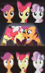 Size: 800x1290 | Tagged: explicit, artist:facelessjr, apple bloom, scootaloo, sweetie belle, chicken, cutie mark crusaders, egg, female, foalcon, g4, imported from derpibooru, lesbian, nudity, oviposition, porn, ship:scootabloom, shipping, show accurate, show accurate porn, vagina, wat
