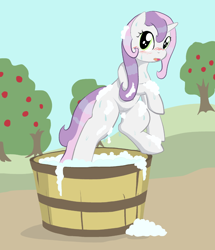 Size: 1068x1244 | Tagged: explicit, artist:seidouryu, sweetie belle, bath, bipedal, blushing, cottagecore, female, foalcon, g4, imported from derpibooru, nudity, pony, solo, solo female, unicorn, vulva, wet mane
