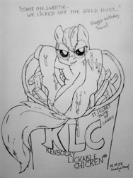 Size: 750x1000 | Tagged: questionable, artist:smudge proof, scootaloo, anus, butt, chicken, crossover, fetish, foal, foalcon, foodplay, g4, imported from derpibooru, kfc, monochrome, nudity, parody, plot, pony, scootachicken, simplistic anus