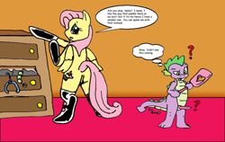Size: 1052x663 | Tagged: explicit, artist:asuraludu, fluttershy, spike, bdsm, clothes, dragon, erection, female, foalcon, g4, gloves, imminent spanking, imported from derpibooru, latex, latex gloves, latex thigh highs, legwear, male, nudity, paddle, pegasus, penis, question mark, semi-anthro, ship:flutterspike, shipping, stockings, straight, thigh highs, vagina, why boner
