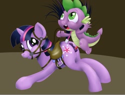 Size: 877x667 | Tagged: explicit, artist:ragingsemi, spike, twilight sparkle, bridle, dead source, dragon, female, foalcon, g4, horn, imported from derpibooru, male, nudity, penis, pony, saddle, sex, ship:twispike, shipping, straight, tail wrap, unicorn, vagina