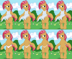 Size: 1654x1372 | Tagged: explicit, artist:seidouryu, babs seed, apron, belly button, bipedal, blushing, bottomless, cameltoe, clothes, female, foalcon, g4, imported from derpibooru, nudity, panties, see-through, semi-anthro, solo, solo female, underwear, vulva