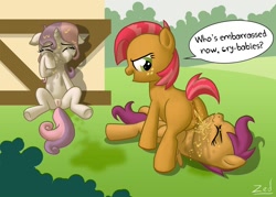 Size: 1642x1176 | Tagged: explicit, artist:zed001, babs seed, scootaloo, sweetie belle, anatomically correct, anus, babs peed, bullying, butt, degradation, earth pony, female, filly, foal, foalcon, g4, golden shower, imported from derpibooru, lesbian, nudity, pissing, plot, ponut, pony, unicorn, urine, vulva, vulva blush, watersports