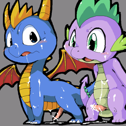 Size: 600x600 | Tagged: explicit, artist:doneru, spike, and then spike was gay, blushing, censored, crossover, cum, dragon, facial, foalcon, g4, gay, imported from derpibooru, male, males only, nudity, penis, pixiv, ship:spikero, shipping, spyro the dragon, spyro the dragon (series), wingless spike