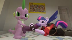 Size: 1280x720 | Tagged: explicit, artist:hero361, spike, twilight sparkle, 3d, anthro, balls, big penis, blowjob, dragon, female, foalcon, g4, gmod, imported from derpibooru, impossibly large penis, just the tip, male, nudity, oral, penis, sex, straight