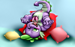 Size: 1600x1000 | Tagged: explicit, artist:puggy, spike, anus, autofellatio, blowjob, cum, cum in mouth, cum in own mouth, dragon, foalcon, frontbend, g4, hemipenis, imported from derpibooru, licking, male, masturbation, nudity, on back, oral, penis, precum, solo, solo male, tail masturbation, tail penetration