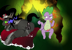 Size: 3498x2462 | Tagged: explicit, grimdark, artist:v-d-k, spike, aftersex, age difference, anus, armorsitting, balls, cape, cigarette, clothes, creampie, crying, cum, cum on the cape, dialogue, dragon, duo, duo male, erection, foalcon, foaldom, frown, g4, gay, horn, humiliation, imported from derpibooru, king sombra, male, male on male rape, nudity, on side, penis, ponut, pony, punish the villain, rape, reverse foalcon, sad, smoking, sombra eyes, sombrabuse, spike gets all the stallions, spike raping king sombra, spikedom, stallion, unicorn, whining, wingless spike