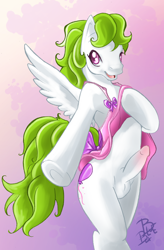 Size: 539x820 | Tagged: explicit, artist:blueblur8lover, artist:peritian, anthro, baby surprise, balls, bottomless, crossdressing, foalcon, g1, imported from derpibooru, male, nudity, penis, penis blush, rule 63, solo, solo male, surprise