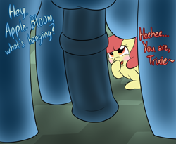 Size: 1100x900 | Tagged: explicit, artist:lamia, apple bloom, blushing, casual, dick joke, earth pony, female, fifth leg, filly, foal, foalcon, futa, futa on female, futa on filly, futa trixie, g4, hoof over mouth, imported from derpibooru, intersex, laughing, nudity, penis, pony, pun, trixie, trixiebloom