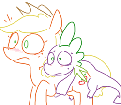 Size: 629x546 | Tagged: questionable, artist:weaver, applejack, spike, accidental sex, age difference, blushing, dragon, dragons riding ponies, duo, duo male and female, earth pony, female, foalcon, g4, implied sex, imported from derpibooru, male, mare, pony, riding, riding a pony, sex, ship:applespike, softcore, spike riding applejack, straight, surprised, sweat, wingless spike