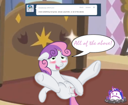 Size: 1700x1400 | Tagged: explicit, grotesque, semi-grimdark, sweetie belle, oc, oc:twilight panda, anus, blood, bloody, broken horn, butt, female masturbation, filly, foal, foalcon, g4, horn, hornjob, imported from derpibooru, insertion, masturbation, mspaintponies, nudity, plot, pony, severed horn, unicorn, vagina, vaginal insertion, vaginal masturbation, vulva
