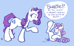 Size: 1224x768 | Tagged: explicit, artist:stoney pony, rarity, sweetie belle, blank flank, blue background, blushing, caught, comic, dialogue, female, filly, foal, foalcon, g4, hooves, horn, imported from derpibooru, legs in air, mare, masturbation, nudity, pony, profile, sex toy, simple background, speech bubble, this will end in grounding, unicorn, vaginal secretions, vibrator