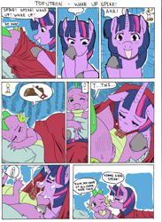 Size: 1000x1369 | Tagged: explicit, artist:tofutron, spike, twilight sparkle, bed, blowjob, blushing, comic, cum, cum in mouth, cumming, dead source, dragon, eyes closed, facial, female, floppy ears, foalcon, g4, hemipenis, horn, imported from derpibooru, male, molestation, multidick, nudity, one eye closed, oral, penis, pillow, pony, sex, ship:twispike, snowballing, somnophilia, speech bubble, straight, surprise sex, surprised, text, tongue out, under the covers, unicorn, wake up sex