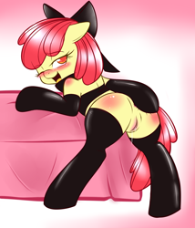 Size: 1172x1366 | Tagged: explicit, artist:senseidezzy, apple bloom, anus, bed, blushing, bow, clothes, collar, earth pony, evening gloves, female, filly, foal, foalcon, g4, hair bow, imported from derpibooru, legwear, nudity, one eye closed, open mouth, pony, presenting, solo, solo female, stockings, thigh highs, vaginal secretions, vulva