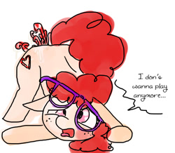 Size: 558x487 | Tagged: explicit, artist:weaver, anal foodplay, anal insertion, ass up, candy, candy cane, earth pony, face down ass up, female, foalcon, food, g4, glasses, imported from derpibooru, insertion, nudity, pony, simple background, speech bubble, this will end in yeast infection, twist, vaginal insertion, white background