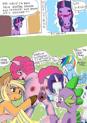 Size: 969x1369 | Tagged: explicit, artist:tofutron, applejack, fluttershy, pinkie pie, rainbow dash, rarity, spike, twilight sparkle, age difference, anus, blowjob, blushing, comic, detailed vagina, dragon, drool, earth pony, female, foalcon, g4, gaping, gaping vagina, group sex, hand on head, harem, hoers, horn, horse, imminent sex, implied blowjob, implied oral, implied sex, imported from derpibooru, interspecies, lucky bastard, male, mane seven, mane six, nudity, offscreen character, offscreen female, oral, orgy, pegasus, ponut, sex, ship:applespike, ship:flutterspike, ship:pinkiespike, ship:rainbowspike, ship:sparity, shipping, spike gets all the mares, spread pussy, spreading, straight, text, unicorn, unshorn fetlocks, vagina, vaginal secretions, vulva, wingless spike