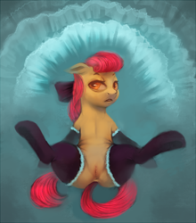 Size: 660x750 | Tagged: explicit, artist:crookedtrees, apple bloom, butt, clothes, earth pony, female, filly, foal, foalcon, g4, human vulva on pony, imported from derpibooru, legs in air, legwear, nudity, on back, plot, pony, presenting, solo, solo female, spread legs, spreading, stockings, thigh highs, vulva